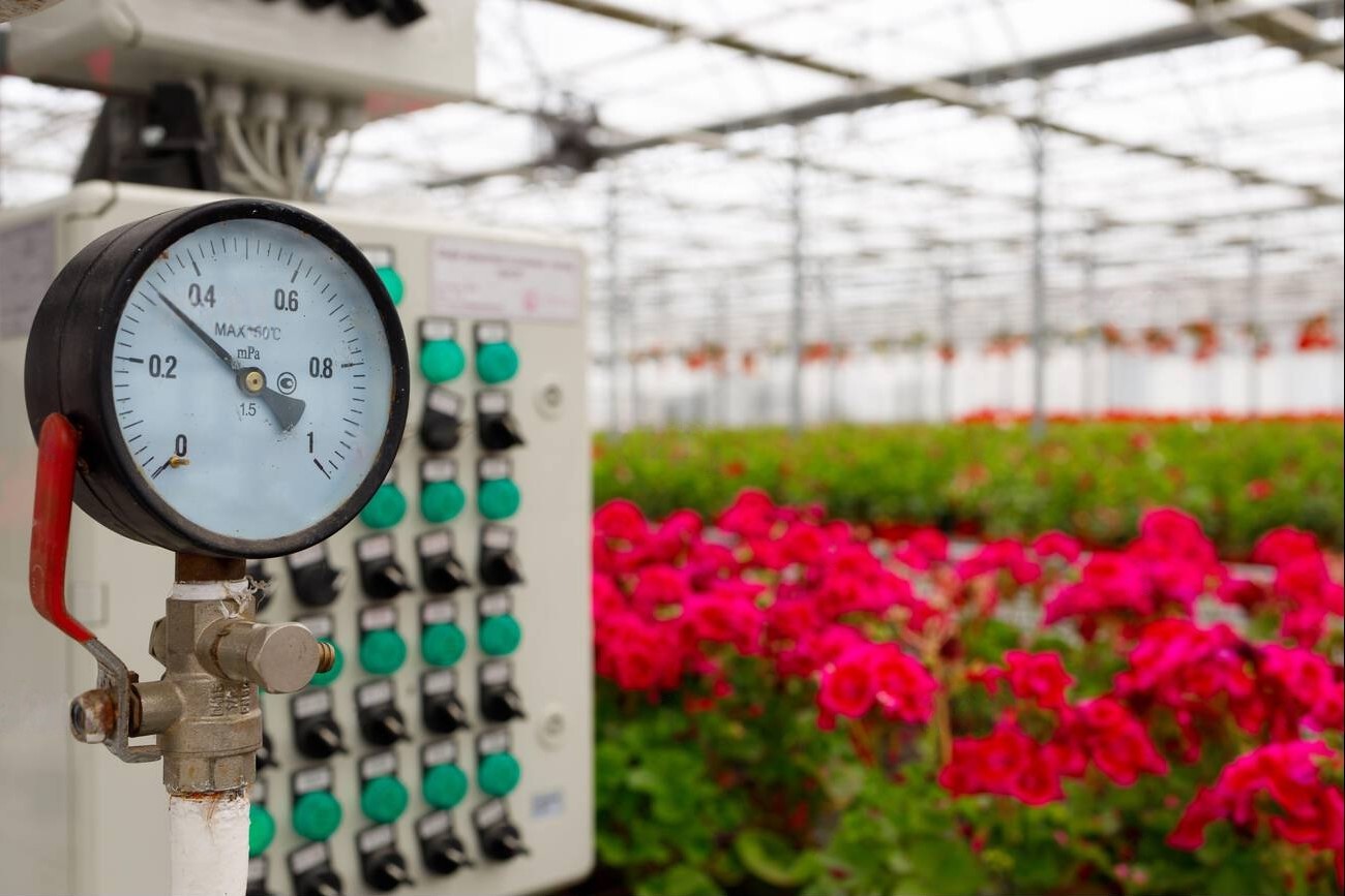 Irrigation system equipment in a flower greenhouse Irrigation system equipment in a flower greenhouse